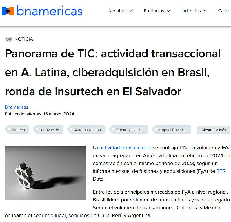 Panorama de TIC: actividad transaccional en A. Latina, ciberadquisicin en Brasil, ronda de insurtech en El Salvador
